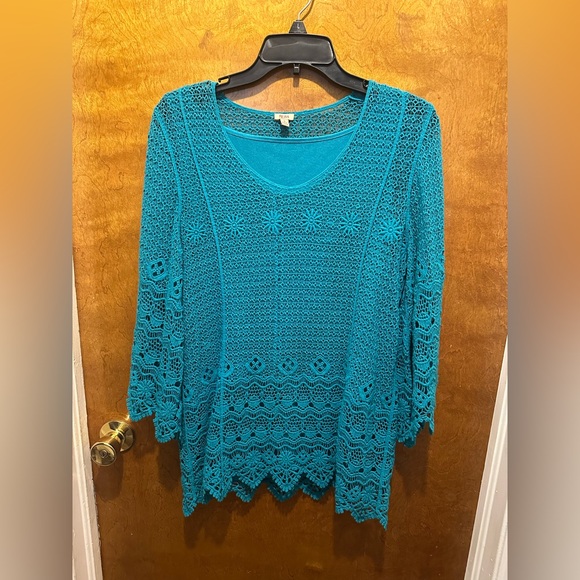 Reba bright turquoise blue crochet 3/4 sleeve blouse size small - Picture 1 of 4